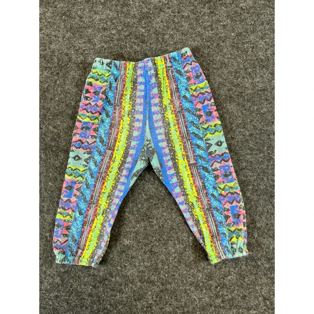 Vintage Kids Multi Color Geometric Abstract Print Fleece Joggers Pants 90s Surf